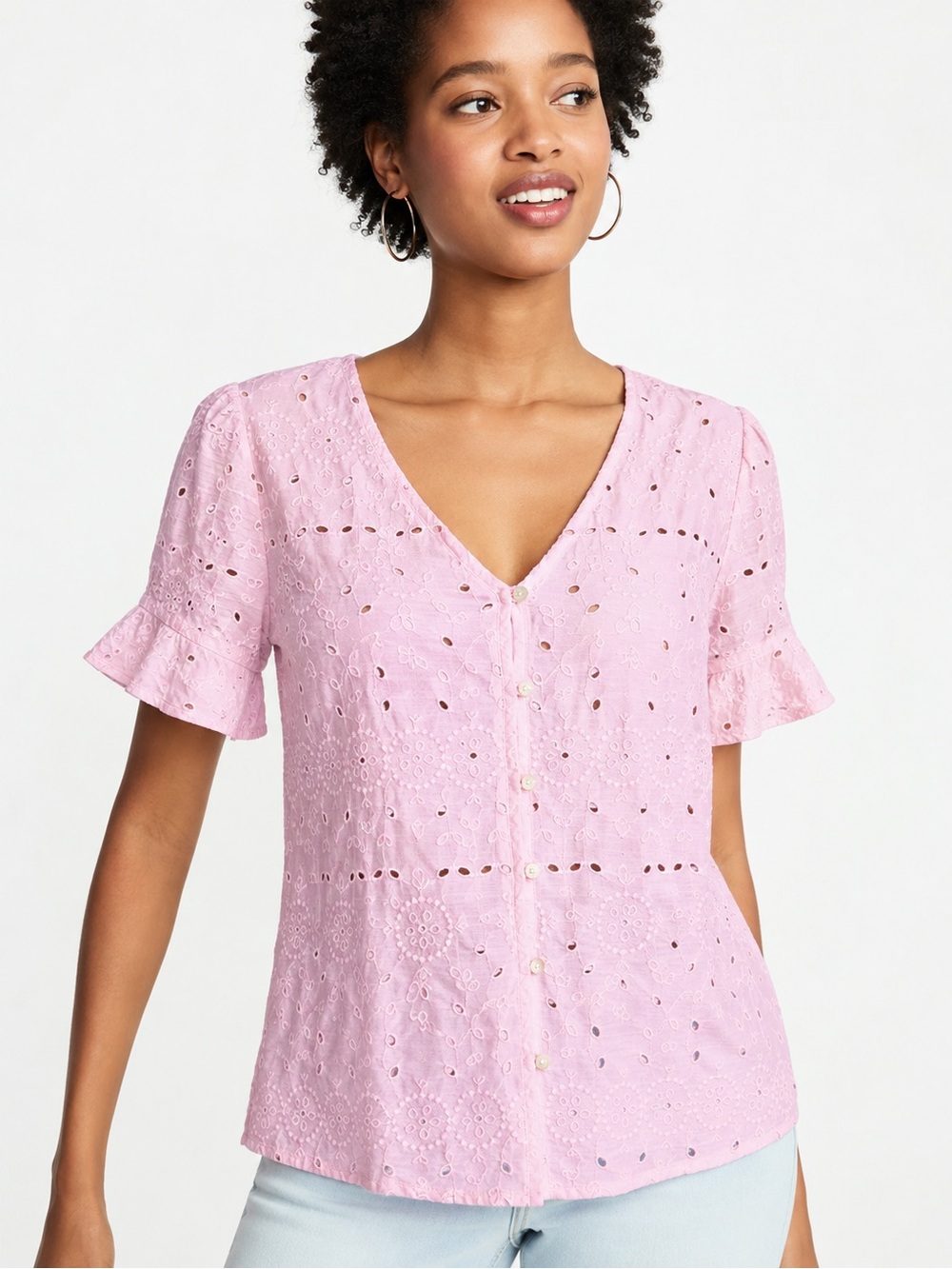 NWT Old Navy V-Neck Button-Front Cutwork
Blouse Top in Pink
